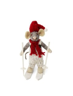 Small Grey Boy Mouse on Skis with Red Hat & Scarf